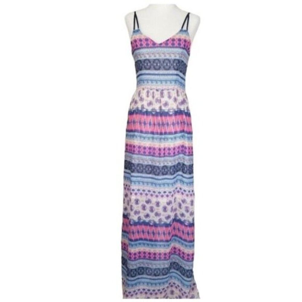 Skies Are Blue Maxi Dress Geometric Boho Colorblock Spaghetti Strap Size XS